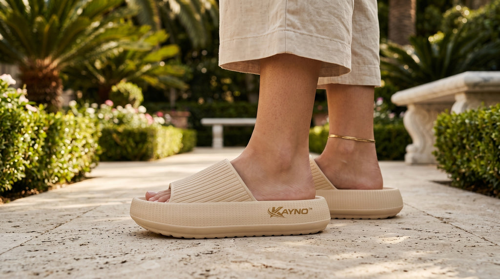 KAYNO Wolkenschuhe Vanille getragen am Fuß